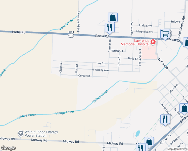 map of restaurants, bars, coffee shops, grocery stores, and more near 1711 Corbet Street in Walnut Ridge