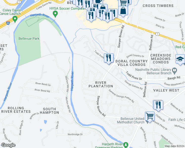 map of restaurants, bars, coffee shops, grocery stores, and more near 1261 General George Patton Road in Nashville