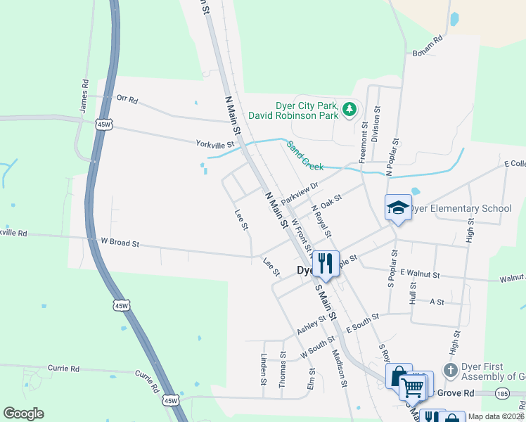 map of restaurants, bars, coffee shops, grocery stores, and more near 324 N Main St in Dyer