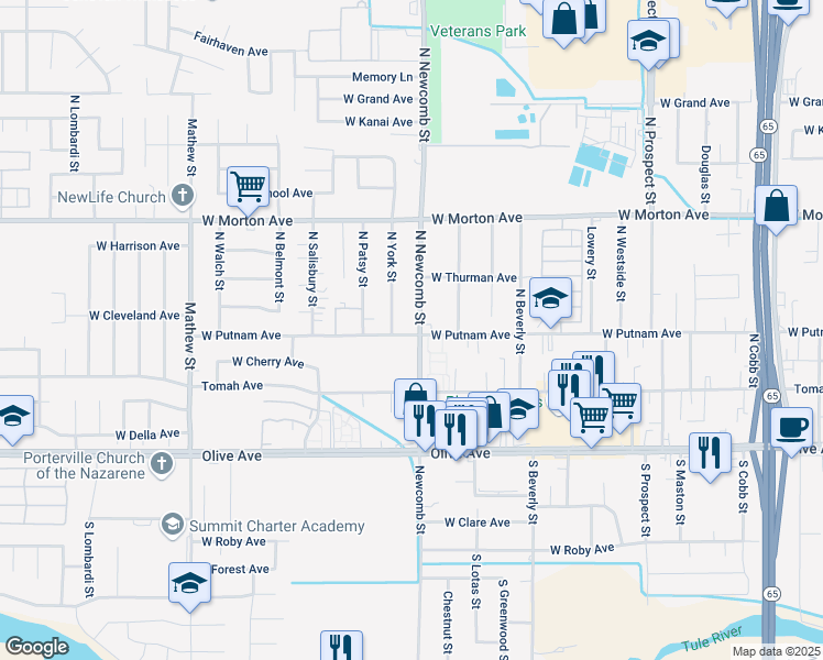 map of restaurants, bars, coffee shops, grocery stores, and more near 1610 West Putnam Avenue in Porterville