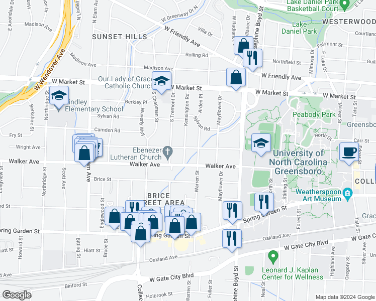 map of restaurants, bars, coffee shops, grocery stores, and more near 301 Kensington Road in Greensboro