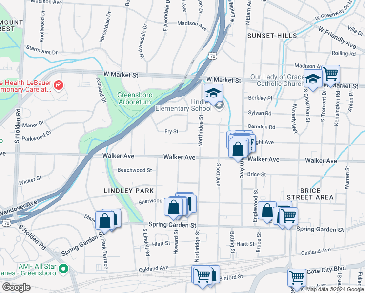 map of restaurants, bars, coffee shops, grocery stores, and more near 2417 Wright Avenue in Greensboro
