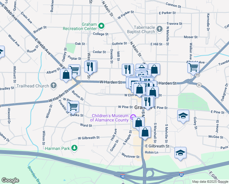 map of restaurants, bars, coffee shops, grocery stores, and more near 227 West Elm Street in Graham