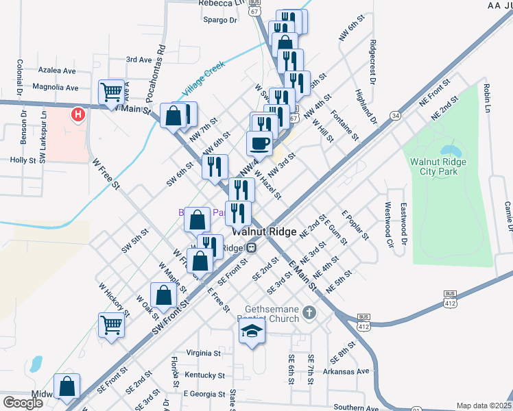map of restaurants, bars, coffee shops, grocery stores, and more near 100 Southwest 2nd Street in Walnut Ridge