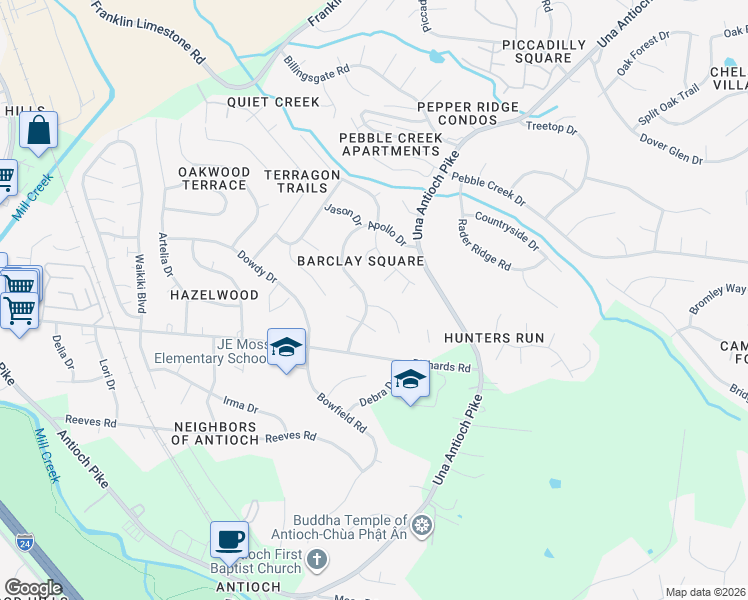 map of restaurants, bars, coffee shops, grocery stores, and more near 213 Manatee Court in Nashville