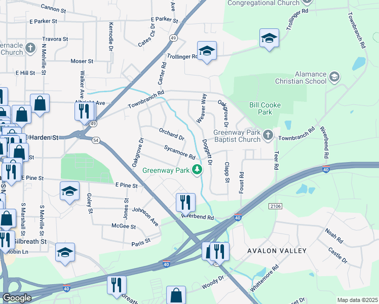 map of restaurants, bars, coffee shops, grocery stores, and more near 802 Sycamore Road in Graham