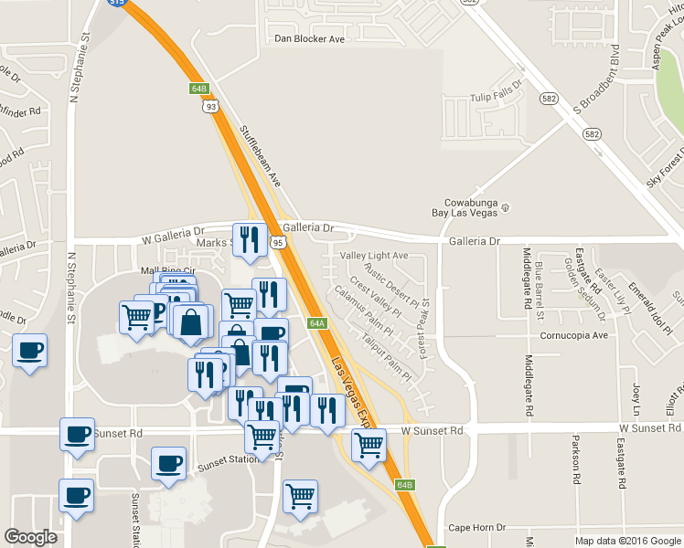 map of restaurants, bars, coffee shops, grocery stores, and more near 783 Crest Valley Place in Henderson