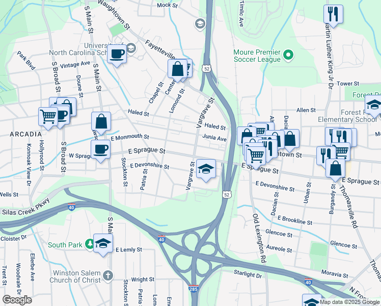 map of restaurants, bars, coffee shops, grocery stores, and more near 349 East Sprague Street in Winston-Salem