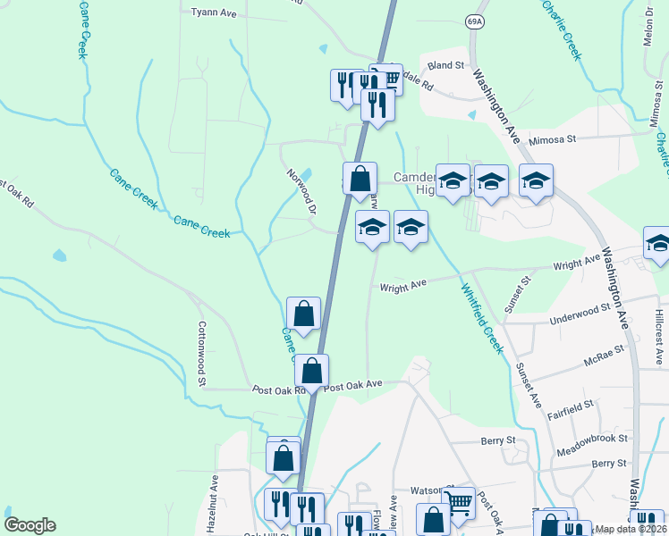 map of restaurants, bars, coffee shops, grocery stores, and more near 203-213 State Highway 69 in Camden