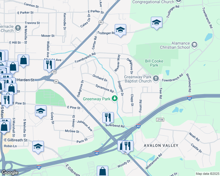 map of restaurants, bars, coffee shops, grocery stores, and more near 802 Sycamore Road in Graham