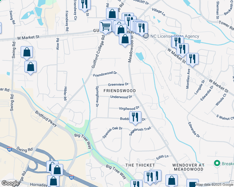 map of restaurants, bars, coffee shops, grocery stores, and more near 5617 Underwood Drive in Greensboro