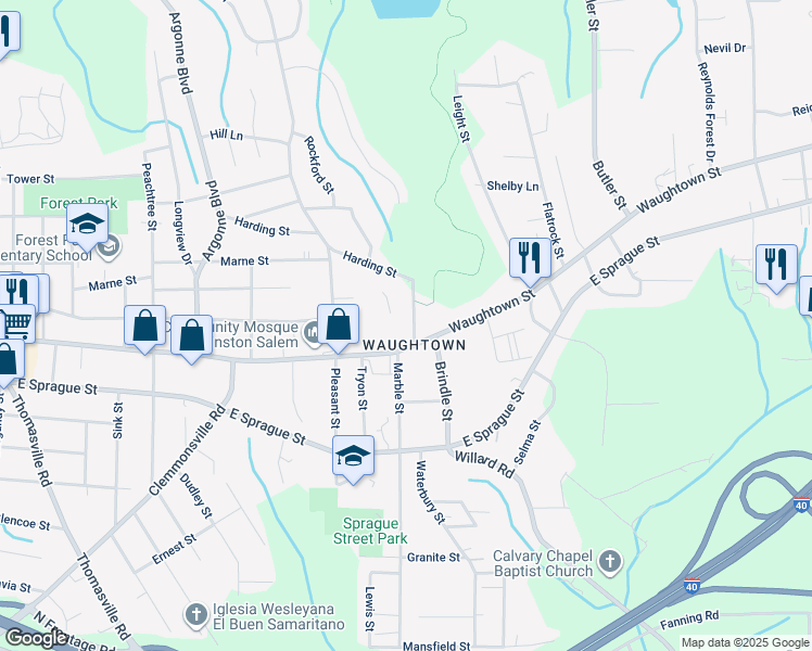 map of restaurants, bars, coffee shops, grocery stores, and more near 1928 Marble Street in Winston-Salem