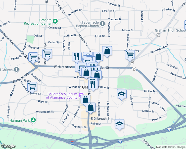 map of restaurants, bars, coffee shops, grocery stores, and more near 14 Northeast Court Square in Graham