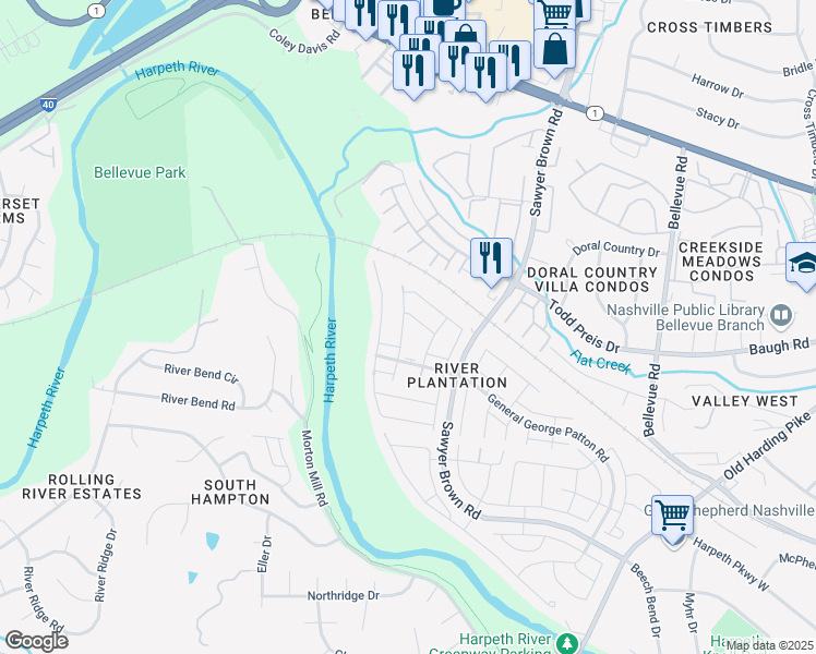 map of restaurants, bars, coffee shops, grocery stores, and more near 1257 General George Patton Road in Nashville