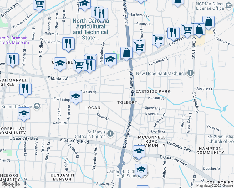 map of restaurants, bars, coffee shops, grocery stores, and more near in Greensboro