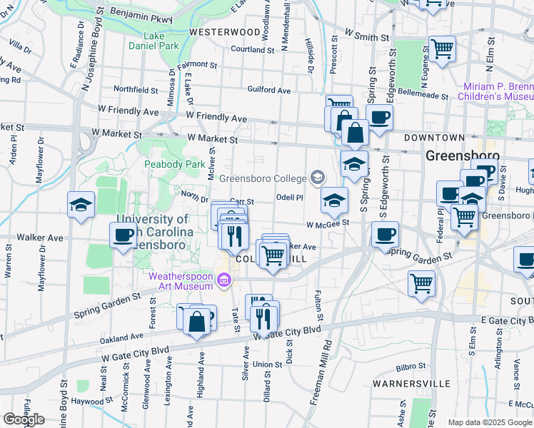 map of restaurants, bars, coffee shops, grocery stores, and more near 404 South Mendenhall Street in Greensboro