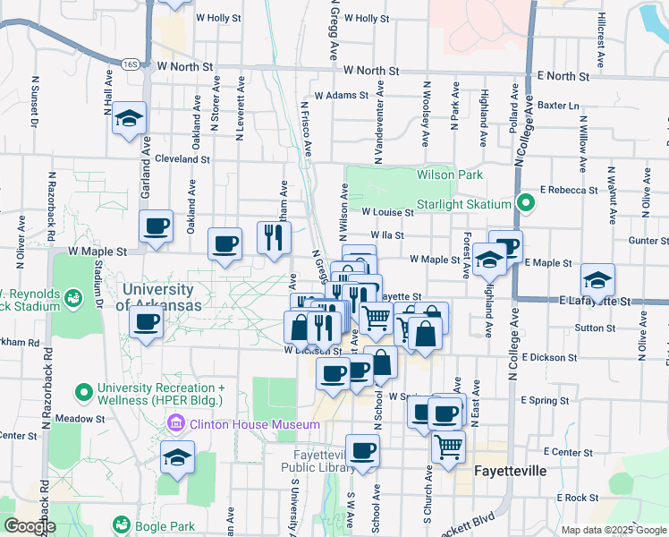 map of restaurants, bars, coffee shops, grocery stores, and more near 439 North Gregg Avenue in Fayetteville