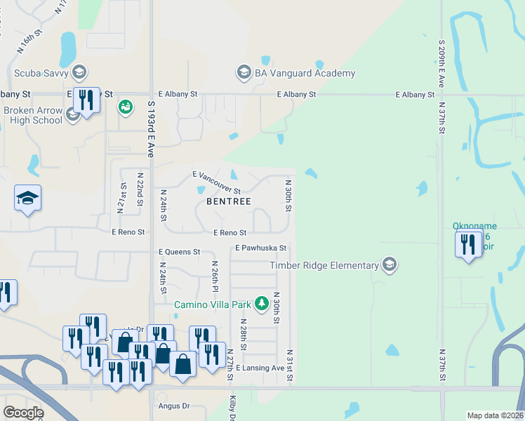 map of restaurants, bars, coffee shops, grocery stores, and more near 1704 North 28th Street in Broken Arrow