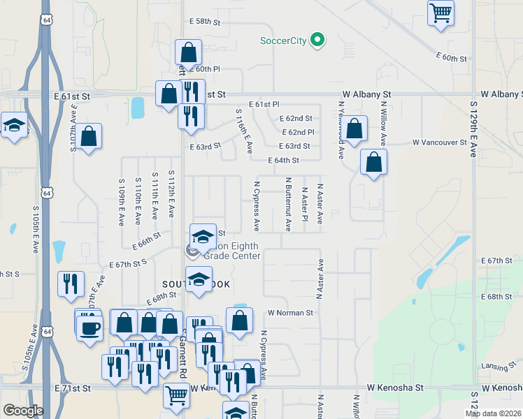 map of restaurants, bars, coffee shops, grocery stores, and more near 1710 East 121th Street in Broken Arrow
