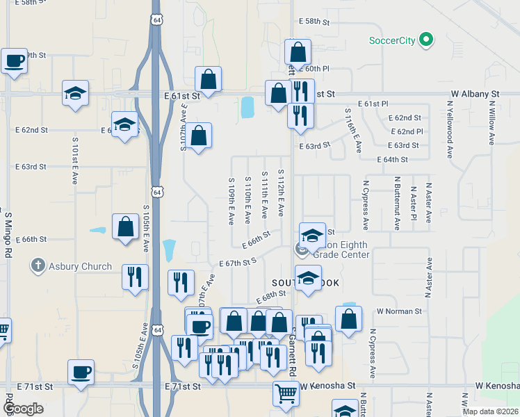 map of restaurants, bars, coffee shops, grocery stores, and more near 6542 South 111th East Avenue in Tulsa
