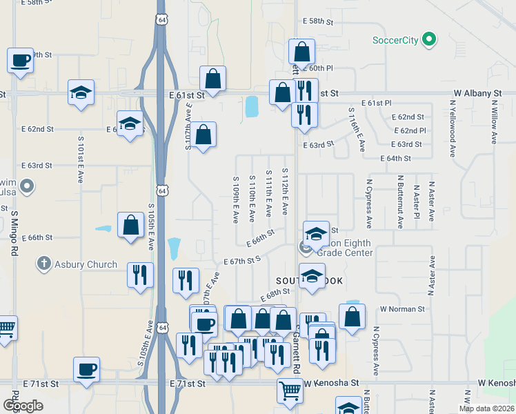 map of restaurants, bars, coffee shops, grocery stores, and more near 6542 South 111th East Avenue in Tulsa