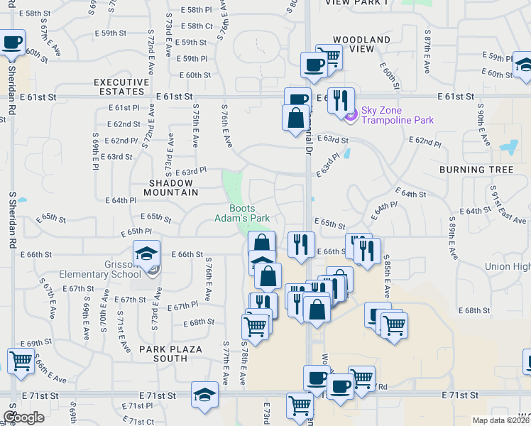 map of restaurants, bars, coffee shops, grocery stores, and more near 6370 South 80th East Avenue in Tulsa