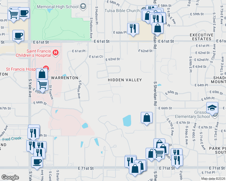 map of restaurants, bars, coffee shops, grocery stores, and more near 6524 South Irvington Avenue in Tulsa