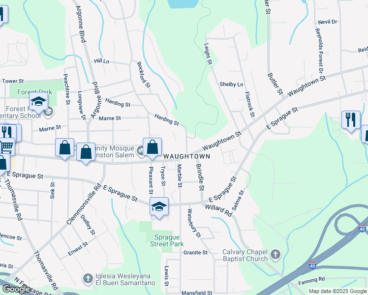 map of restaurants, bars, coffee shops, grocery stores, and more near 1928 Marble Street in Winston-Salem