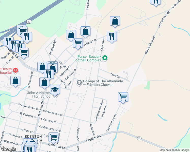 map of restaurants, bars, coffee shops, grocery stores, and more near 401 Coke Avenue in Edenton