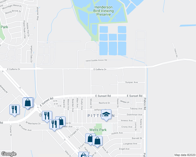 map of restaurants, bars, coffee shops, grocery stores, and more near 2200 Moser Drive in Henderson