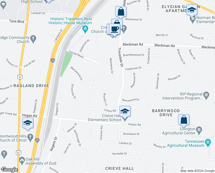 map of restaurants, bars, coffee shops, grocery stores, and more near 520 Barrywood Drive in Nashville