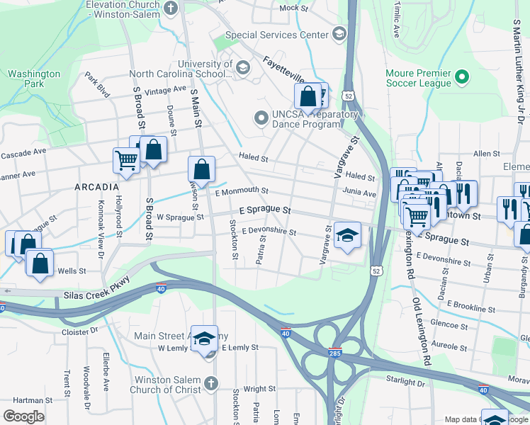 map of restaurants, bars, coffee shops, grocery stores, and more near 142 East Sprague Street in Winston-Salem