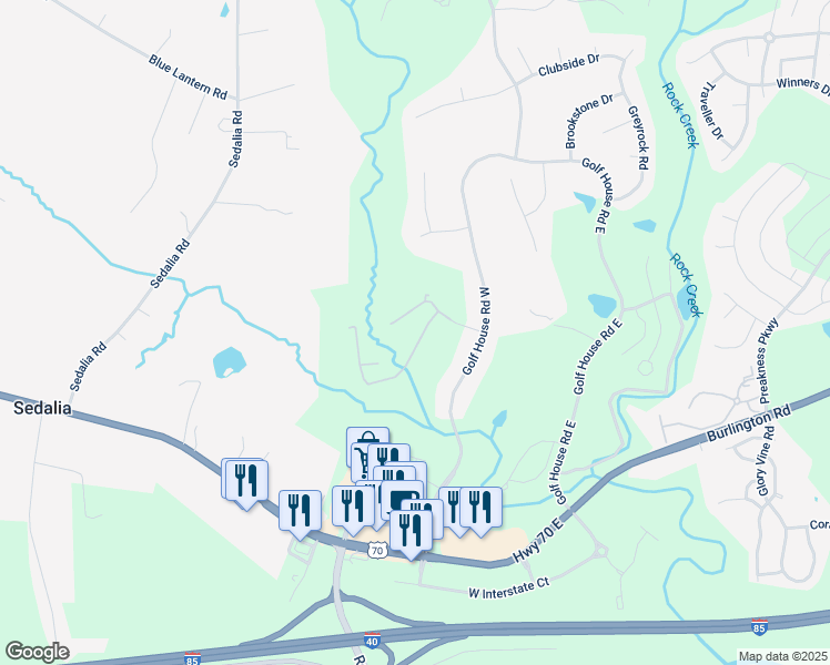 map of restaurants, bars, coffee shops, grocery stores, and more near 814 Creek Crossing Trail in Whitsett