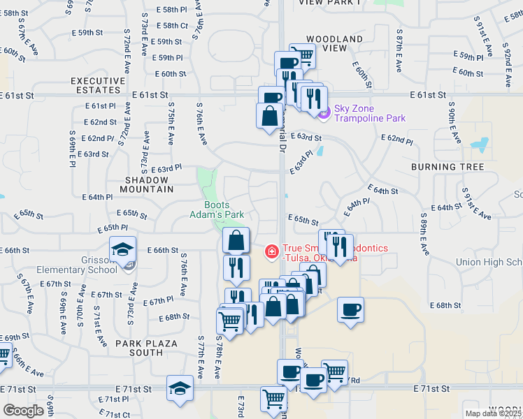 map of restaurants, bars, coffee shops, grocery stores, and more near 6508 South Memorial Drive in Tulsa