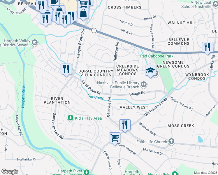 map of restaurants, bars, coffee shops, grocery stores, and more near 797 Bellevue Road in Nashville