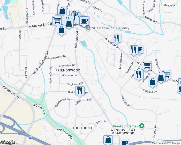 map of restaurants, bars, coffee shops, grocery stores, and more near 21 Brandy Court in Greensboro