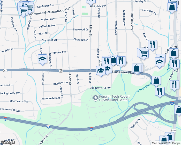 map of restaurants, bars, coffee shops, grocery stores, and more near 2200 Silas Creek Parkway in Winston-Salem