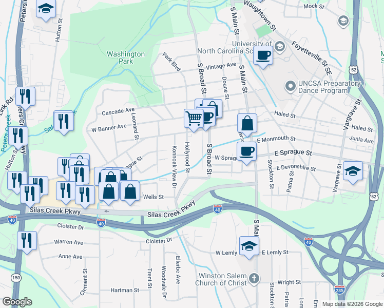 map of restaurants, bars, coffee shops, grocery stores, and more near 2310 Violet Street in Winston-Salem