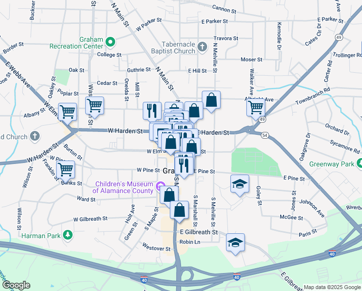 map of restaurants, bars, coffee shops, grocery stores, and more near 3 Northeast Court Square in Graham