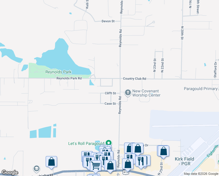 map of restaurants, bars, coffee shops, grocery stores, and more near 2700 Clifft Street in Paragould