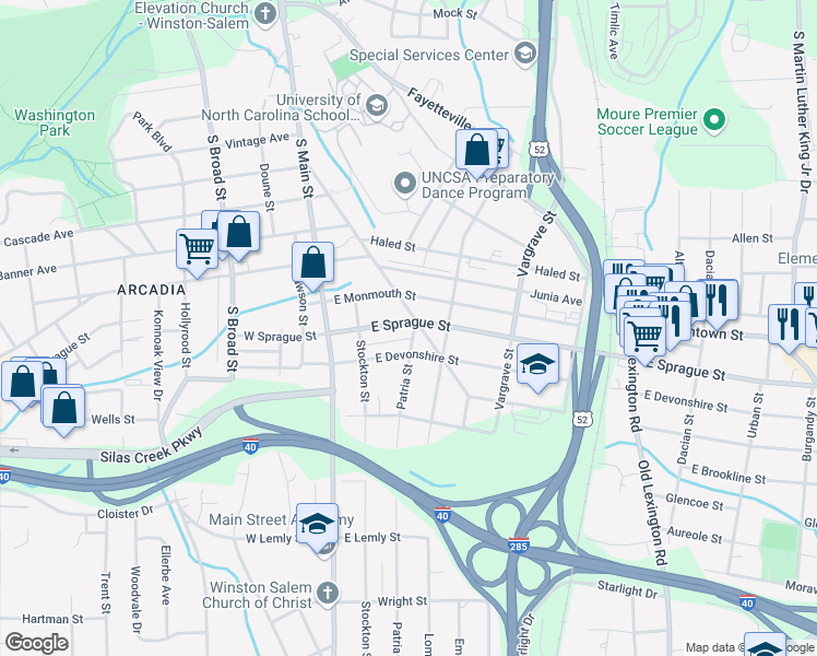 map of restaurants, bars, coffee shops, grocery stores, and more near 142 East Sprague Street in Winston-Salem