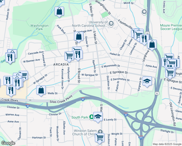 map of restaurants, bars, coffee shops, grocery stores, and more near 41 West Sprague Street in Winston-Salem