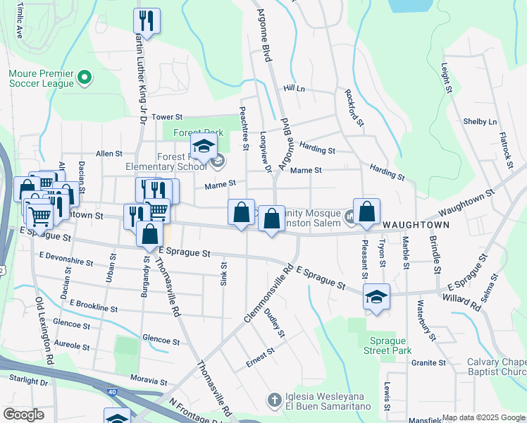 map of restaurants, bars, coffee shops, grocery stores, and more near 1222 Bretton Street in Winston-Salem