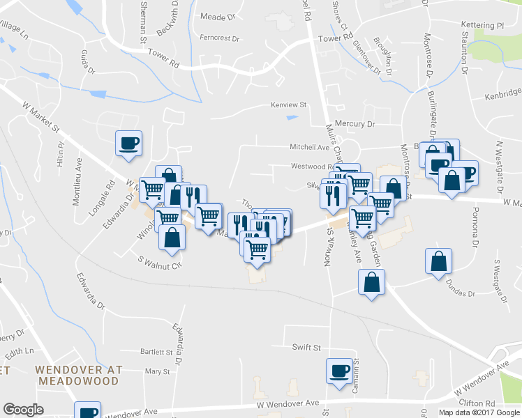 map of restaurants, bars, coffee shops, grocery stores, and more near 110 Thornton Court in Greensboro