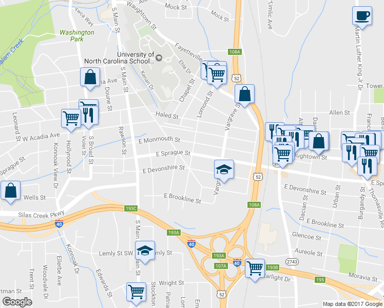 map of restaurants, bars, coffee shops, grocery stores, and more near 298 East Sprague Street in Winston-Salem