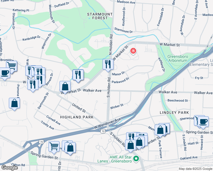 map of restaurants, bars, coffee shops, grocery stores, and more near 114 South Holden Road in Greensboro