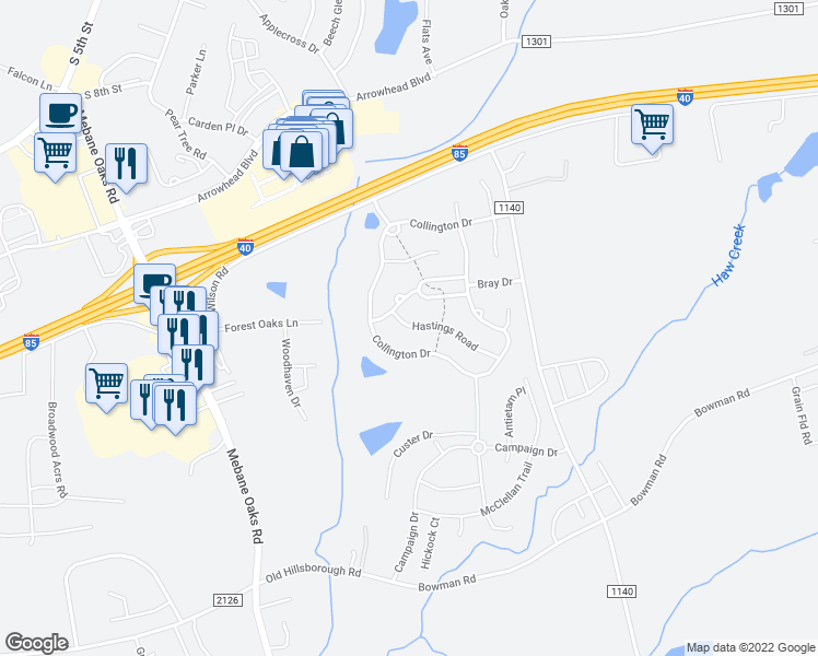 map of restaurants, bars, coffee shops, grocery stores, and more near 606 Hastings Road in Mebane