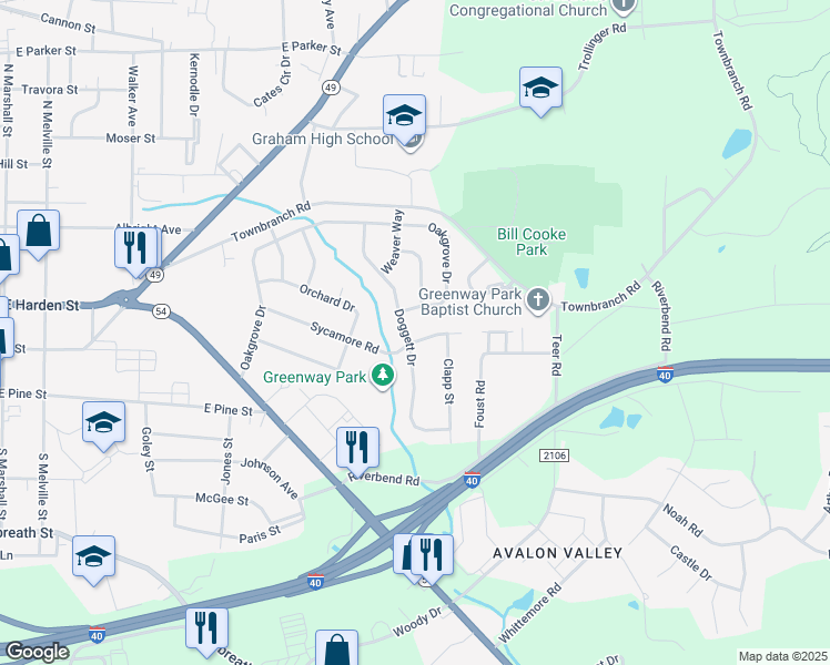 map of restaurants, bars, coffee shops, grocery stores, and more near 407 Doggett Drive in Graham
