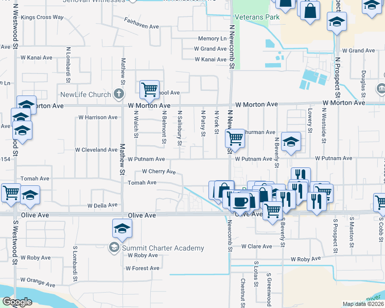 map of restaurants, bars, coffee shops, grocery stores, and more near 246 North Salisbury Street in Porterville