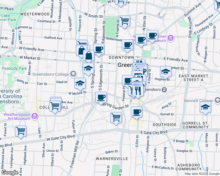 map of restaurants, bars, coffee shops, grocery stores, and more near 416 West Washington Street in Greensboro